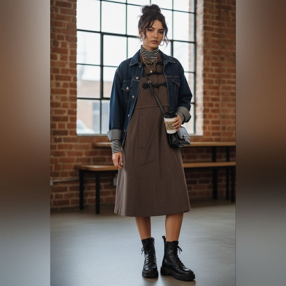 Marc Jacobs Brown Wool A Line Dress  Coat with Black Accents Pockets  L